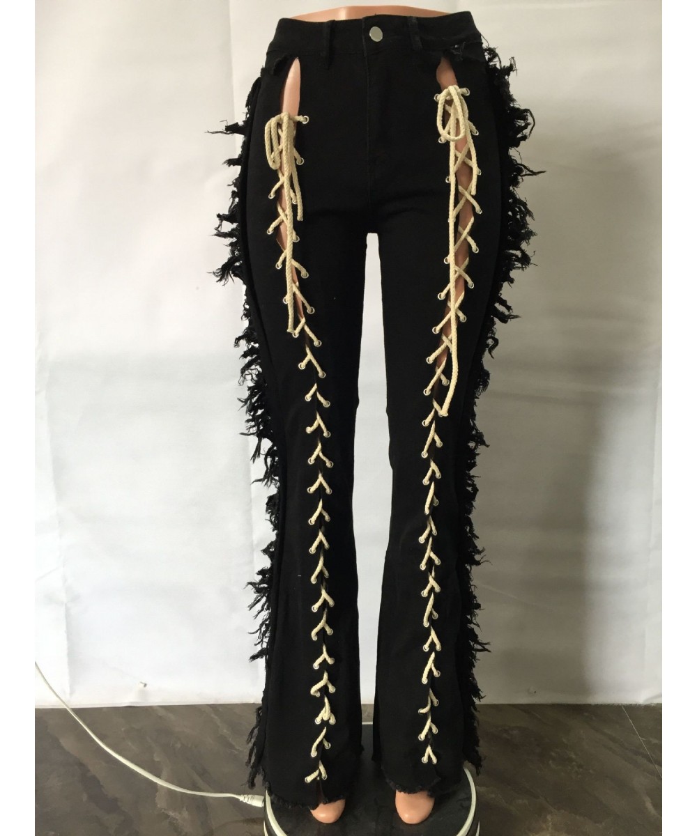 Women's Jeans High Waist Broken String Tassel Elastic Long Horn Jeans Sexy Fashion High Street Winter and Spring Pants $56.18...