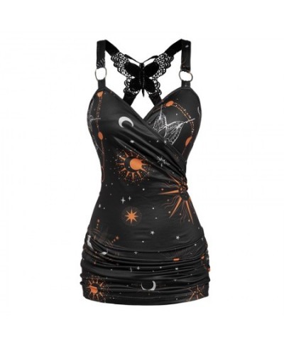 Celestial Sun Moon Star Print Tank Top Women Summer Vest Butterfly Lace Insert Ruched Surplice O Ring Strap Caimsole $34.51 -...