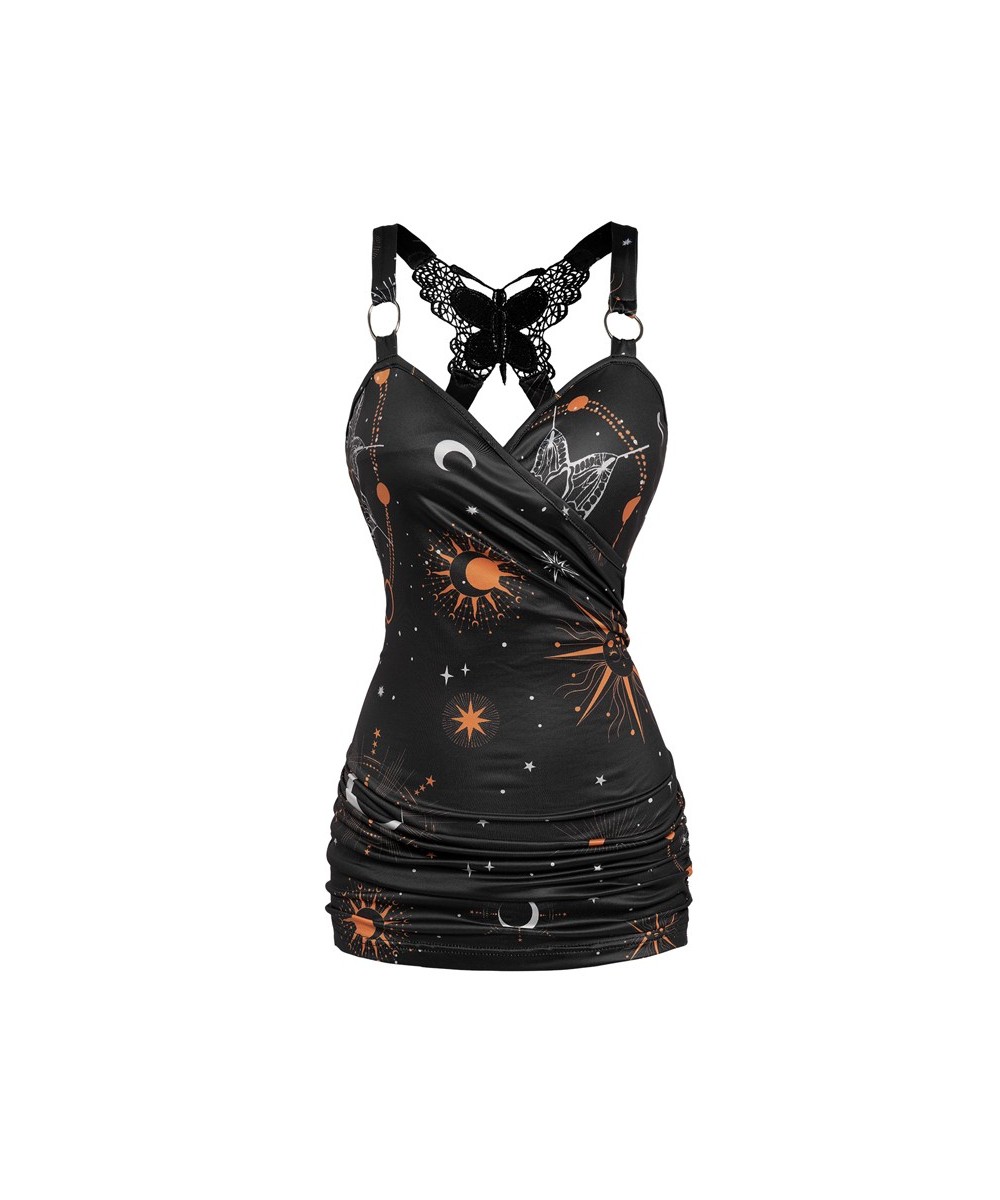 Celestial Sun Moon Star Print Tank Top Women Summer Vest Butterfly Lace Insert Ruched Surplice O Ring Strap Caimsole $34.51 -...