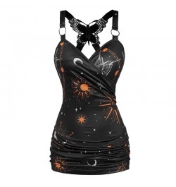 Celestial Sun Moon Star Print Tank Top Women Summer Vest Butterfly Lace Insert Ruched Surplice O Ring Strap Caimsole $34.51 -...