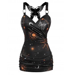 Celestial Sun Moon Star Print Tank Top Women Summer Vest Butterfly Lace Insert Ruched Surplice O Ring Strap Caimsole $34.51 -...