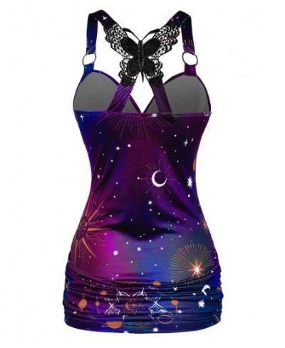 Celestial Sun Moon Star Print Tank Top Women Summer Vest Butterfly Lace Insert Ruched Surplice O Ring Strap Caimsole $34.51 -...