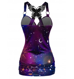 Celestial Sun Moon Star Print Tank Top Women Summer Vest Butterfly Lace Insert Ruched Surplice O Ring Strap Caimsole $34.51 -...