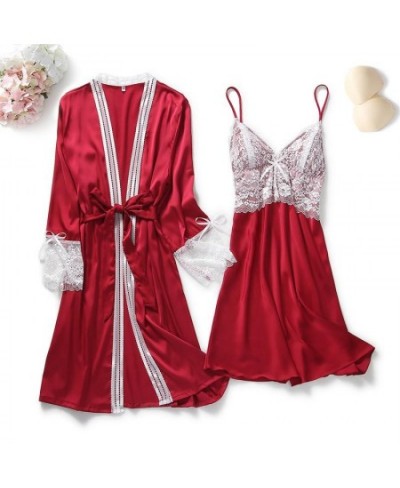 2PCS Lace Robe Gown Sets Womens Strap Nightgown Spring New Satin Nighty Bathrobe Sleep Suit Sexy With Chest Pads Sleepwear $3...