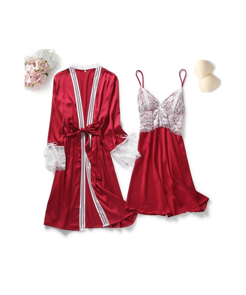 2PCS Lace Robe Gown Sets Womens Strap Nightgown Spring New Satin Nighty Bathrobe Sleep Suit Sexy With Chest Pads Sleepwear $3...