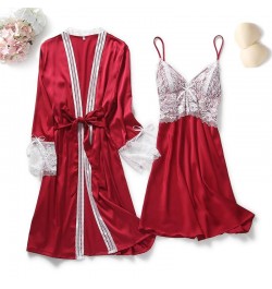 2PCS Lace Robe Gown Sets Womens Strap Nightgown Spring New Satin Nighty Bathrobe Sleep Suit Sexy With Chest Pads Sleepwear $3...