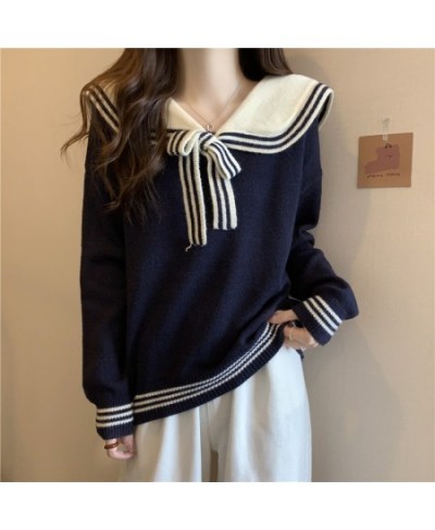 Vintage Knitted Sweater Women Sailor Collar Pullover Preppy Style Lace Up Loose Autumn Winter Female Jumper Casual $45.41 - S...