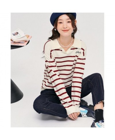 Women Sweaters 2022 Autumn Long Sleeves V Neck Knitted Pullover Striped Comfort Casual Chic Tops $43.02 - Sweaters