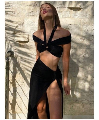 Summer Sexy Women's 2 Piece Summer Outfits Sleeveless Halter Off Shoulder Crop Tops + Split Midi Skirt Set Holiday $36.32 - S...