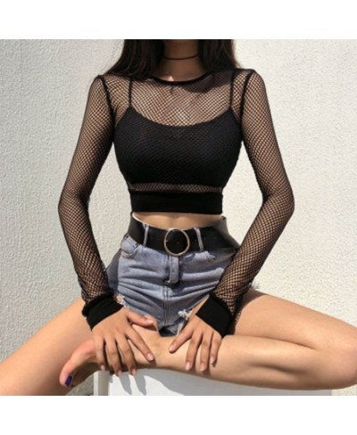 Female Crop Tops Women Fishnet Mesh See-through Black shirts Long Sleeve Crew Neck Solid Color Sexy Clubwear Clothing Summer ...
