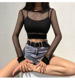 Female Crop Tops Women Fishnet Mesh See-through Black shirts Long Sleeve Crew Neck Solid Color Sexy Clubwear Clothing Summer ...