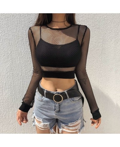 Female Crop Tops Women Fishnet Mesh See-through Black shirts Long Sleeve Crew Neck Solid Color Sexy Clubwear Clothing Summer ...