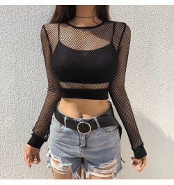 Female Crop Tops Women Fishnet Mesh See-through Black shirts Long Sleeve Crew Neck Solid Color Sexy Clubwear Clothing Summer ...