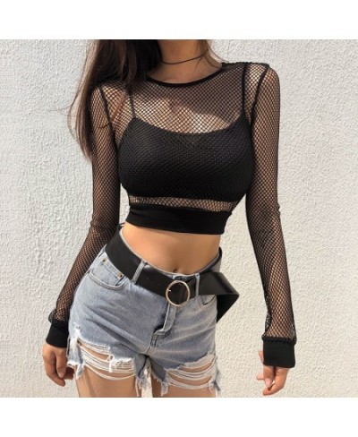 Female Crop Tops Women Fishnet Mesh See-through Black shirts Long Sleeve Crew Neck Solid Color Sexy Clubwear Clothing Summer ...