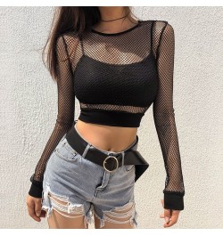 Female Crop Tops Women Fishnet Mesh See-through Black shirts Long Sleeve Crew Neck Solid Color Sexy Clubwear Clothing Summer ...