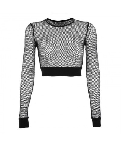 Female Crop Tops Women Fishnet Mesh See-through Black shirts Long Sleeve Crew Neck Solid Color Sexy Clubwear Clothing Summer ...