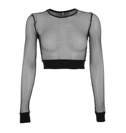 Female Crop Tops Women Fishnet Mesh See-through Black shirts Long Sleeve Crew Neck Solid Color Sexy Clubwear Clothing Summer ...