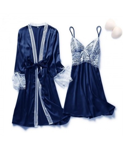 2PCS Lace Robe Gown Sets Womens Strap Nightgown Spring New Satin Nighty Bathrobe Sleep Suit Sexy With Chest Pads Sleepwear $3...