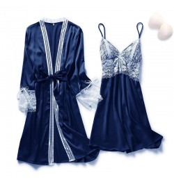 2PCS Lace Robe Gown Sets Womens Strap Nightgown Spring New Satin Nighty Bathrobe Sleep Suit Sexy With Chest Pads Sleepwear $3...