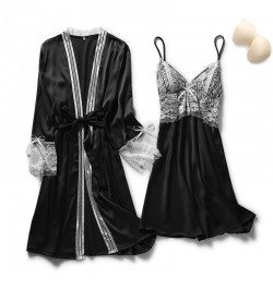 2PCS Lace Robe Gown Sets Womens Strap Nightgown Spring New Satin Nighty Bathrobe Sleep Suit Sexy With Chest Pads Sleepwear $3...