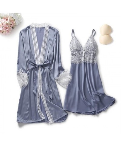 2PCS Lace Robe Gown Sets Womens Strap Nightgown Spring New Satin Nighty Bathrobe Sleep Suit Sexy With Chest Pads Sleepwear $3...