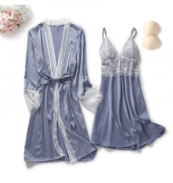 2PCS Lace Robe Gown Sets Womens Strap Nightgown Spring New Satin Nighty Bathrobe Sleep Suit Sexy With Chest Pads Sleepwear $3...