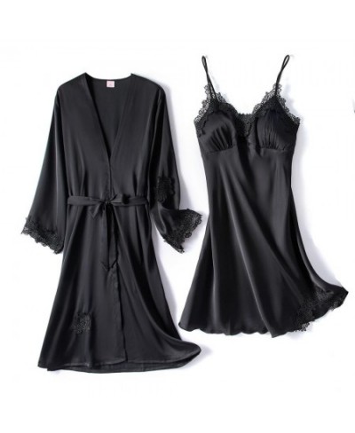 2PCS Lace Robe Gown Sets Womens Strap Nightgown Spring New Satin Nighty Bathrobe Sleep Suit Sexy With Chest Pads Sleepwear $3...