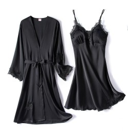 2PCS Lace Robe Gown Sets Womens Strap Nightgown Spring New Satin Nighty Bathrobe Sleep Suit Sexy With Chest Pads Sleepwear $3...