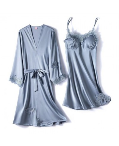 2PCS Lace Robe Gown Sets Womens Strap Nightgown Spring New Satin Nighty Bathrobe Sleep Suit Sexy With Chest Pads Sleepwear $3...