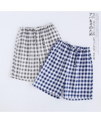 Couple pajamas summer cotton gauze shorts Japanese style simple elastic waist casual large size lattice men & women home pant...