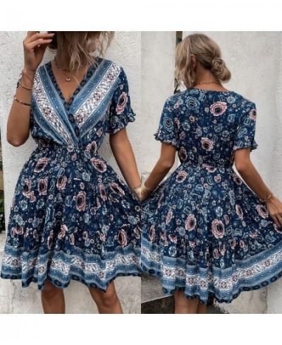 Summer Sexy European And American Dress V-neck Printed Casual Bohemian Beach Skirt Large Skirt Short Skirt $37.31 - Skirts