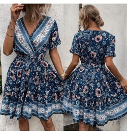 Summer Sexy European And American Dress V-neck Printed Casual Bohemian Beach Skirt Large Skirt Short Skirt $37.31 - Skirts