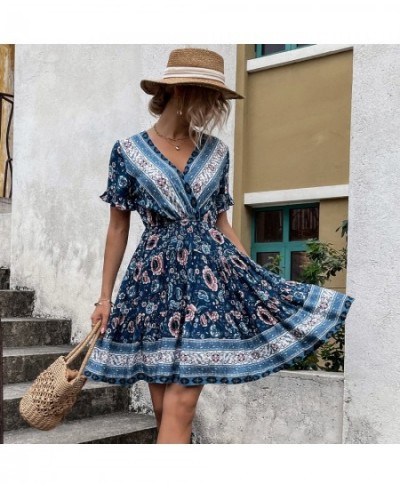 Summer Sexy European And American Dress V-neck Printed Casual Bohemian Beach Skirt Large Skirt Short Skirt $37.31 - Skirts