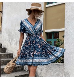 Summer Sexy European And American Dress V-neck Printed Casual Bohemian Beach Skirt Large Skirt Short Skirt $37.31 - Skirts