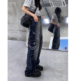 Cargo Pants Women Jeans Street Vintage Distressed Washed High Waisted Jeans Woman Casual Multi Pocket Baggy Jeans Women $53.3...