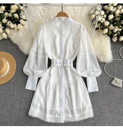 French Elegant White Lace Women Mini Dress Runway Stand Collar Luxury Embroidery Hollow Out Single Breasted Party Dress N3978...