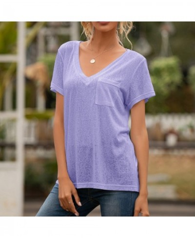 Plain Loose Pocket T-shirt Women Tee Tops Summer Ladies V Neck Short Sleeve White Pink Blue Casual Loose Tops and T-shirts $2...