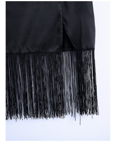 2023 Fashion Fringe Hem Satin Skirt Night Club Party Bodycon Side Slit Sexy Skirts Womens High Waist Black Pencil Midi Skirt ...