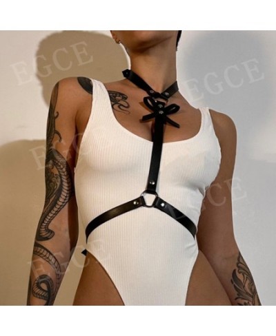 Leather Body Harness Sexy Woman Lingerie Fetish Goth Corset Chest Bondage Neck Belt with Bow Bdsm Lingerie Gothic Clothes $18...