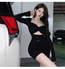 Y2k Women Sexy Bodycon Dress Long Sleeve Short Party Dress Office Lady Pure Color Elegant Vintage Mini Dress Korean 2022 Autu...