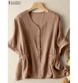 Kaftan Solid Shirts Women Summer Blouses 2023 Casual Short Sleeve Blusas Female High Waist Tunic Oversized Chemise $37.32 - W...