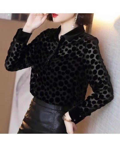 Autumn and Winter New Black Polka Dot Shirt Blouse Women Turn Down Collar Long Sleeve Solid Bottoming Shirt $27.84 - Tops & Tees