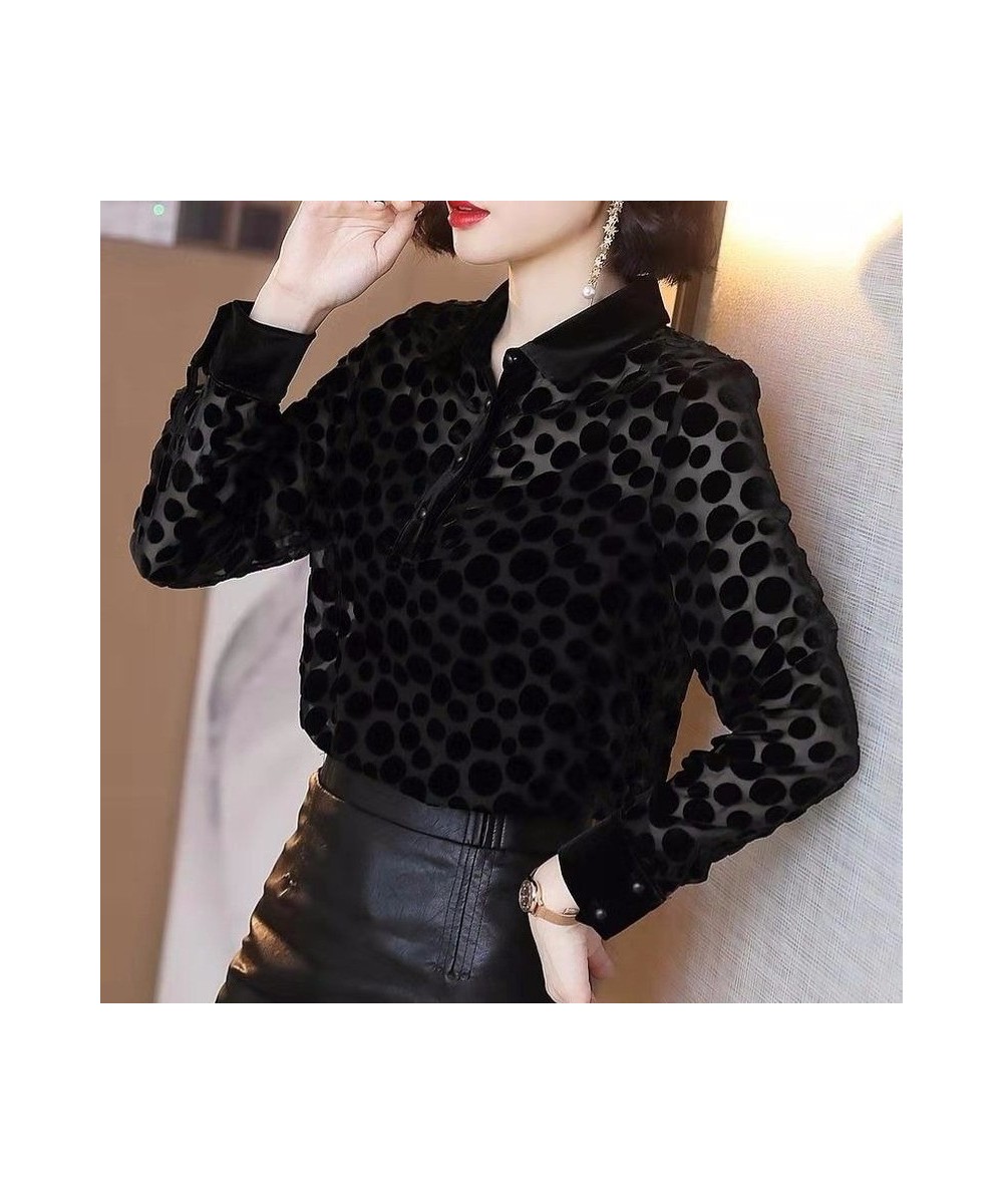 Autumn and Winter New Black Polka Dot Shirt Blouse Women Turn Down Collar Long Sleeve Solid Bottoming Shirt $27.84 - Tops & Tees