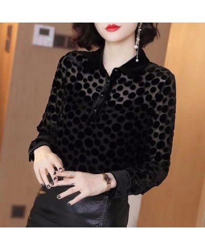 Autumn and Winter New Black Polka Dot Shirt Blouse Women Turn Down Collar Long Sleeve Solid Bottoming Shirt $27.84 - Tops & Tees