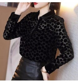 Autumn and Winter New Black Polka Dot Shirt Blouse Women Turn Down Collar Long Sleeve Solid Bottoming Shirt $27.84 - Tops & Tees