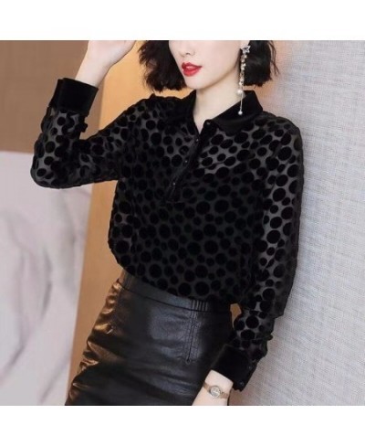 Autumn and Winter New Black Polka Dot Shirt Blouse Women Turn Down Collar Long Sleeve Solid Bottoming Shirt $27.84 - Tops & Tees