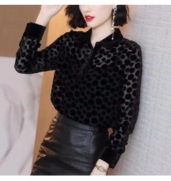 Autumn and Winter New Black Polka Dot Shirt Blouse Women Turn Down Collar Long Sleeve Solid Bottoming Shirt $27.84 - Tops & Tees