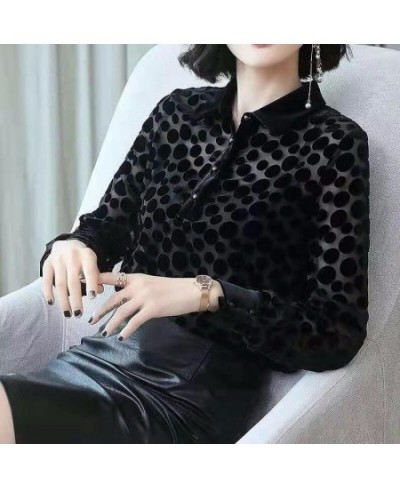 Autumn and Winter New Black Polka Dot Shirt Blouse Women Turn Down Collar Long Sleeve Solid Bottoming Shirt $27.84 - Tops & Tees