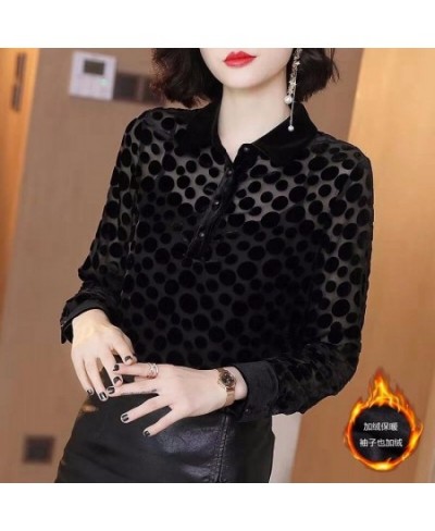 Autumn and Winter New Black Polka Dot Shirt Blouse Women Turn Down Collar Long Sleeve Solid Bottoming Shirt $27.84 - Tops & Tees