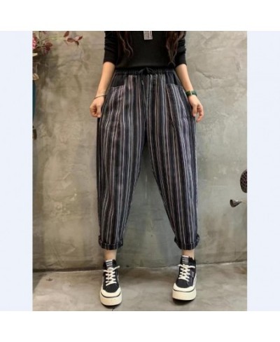 2023 New Spring And Autumn Vintage Color Contrast Striped Denim Ankle-length Pants Women's New Loose Elastic Waist Harem Pant...